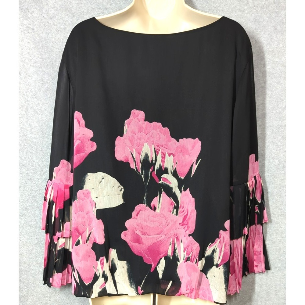 ALFANI Floral Blouse XL Roses are RED & PINK Bell Pleated Sleeves Head Turning - Picture 4 of 9
